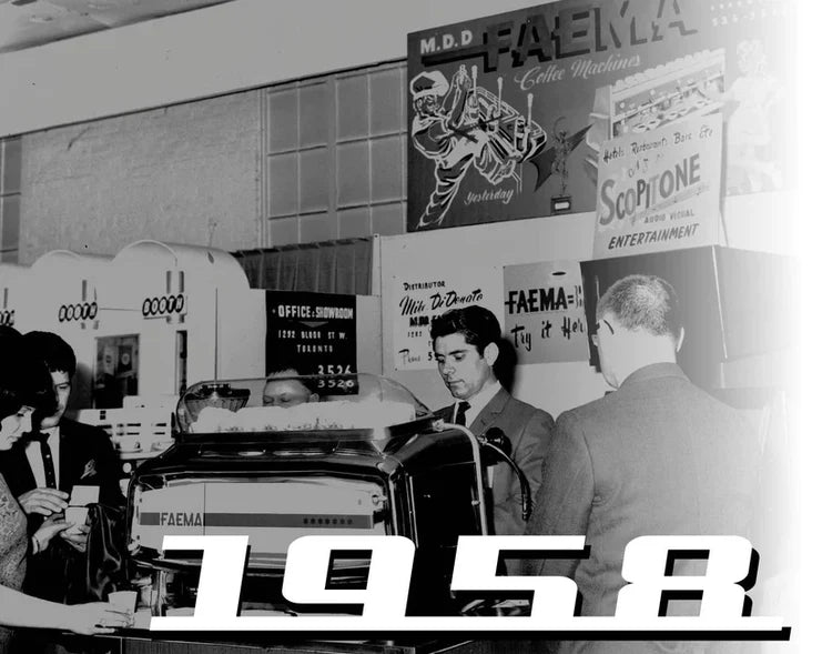 Mike Di Donato pulling a shot of espresso at the M.D.D. Faema Coffee Machines stand in 1958, with the Bloor Street West office and showroom sign behind him