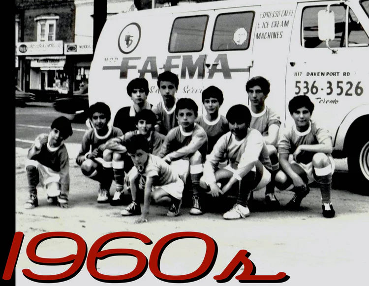 A boys' soccer team posing in front of the Faema sales and service van at 1117 Davenport Road in the 1960s