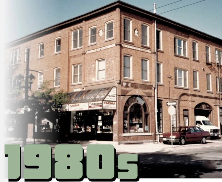 The historic corner building on James Street North in Hamilton with Faema storefront signage in the 1980s