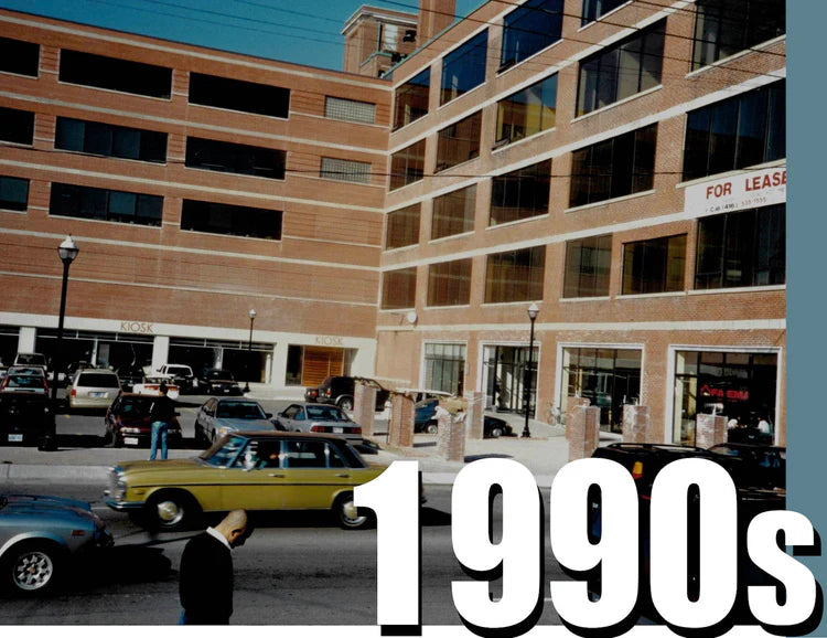 The Ford Building at 672 Dupont Street in the 1990s, shortly after Faema Canada purchased it, with a For Lease banner across the facade