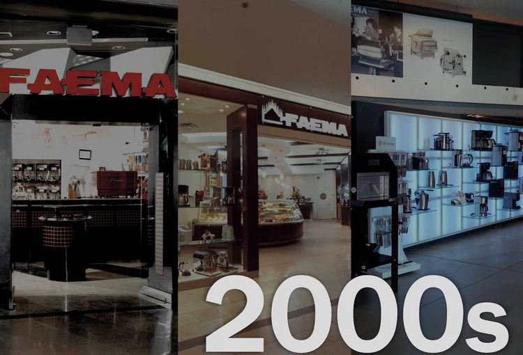 Three Faema retail storefronts from the 2000s, including a mall boutique and an illuminated coffee machine display wall